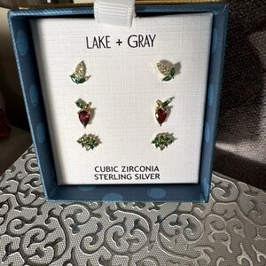 Lake + Gray Petite Earrings Set - Red, Clear and Green Stones, NWT